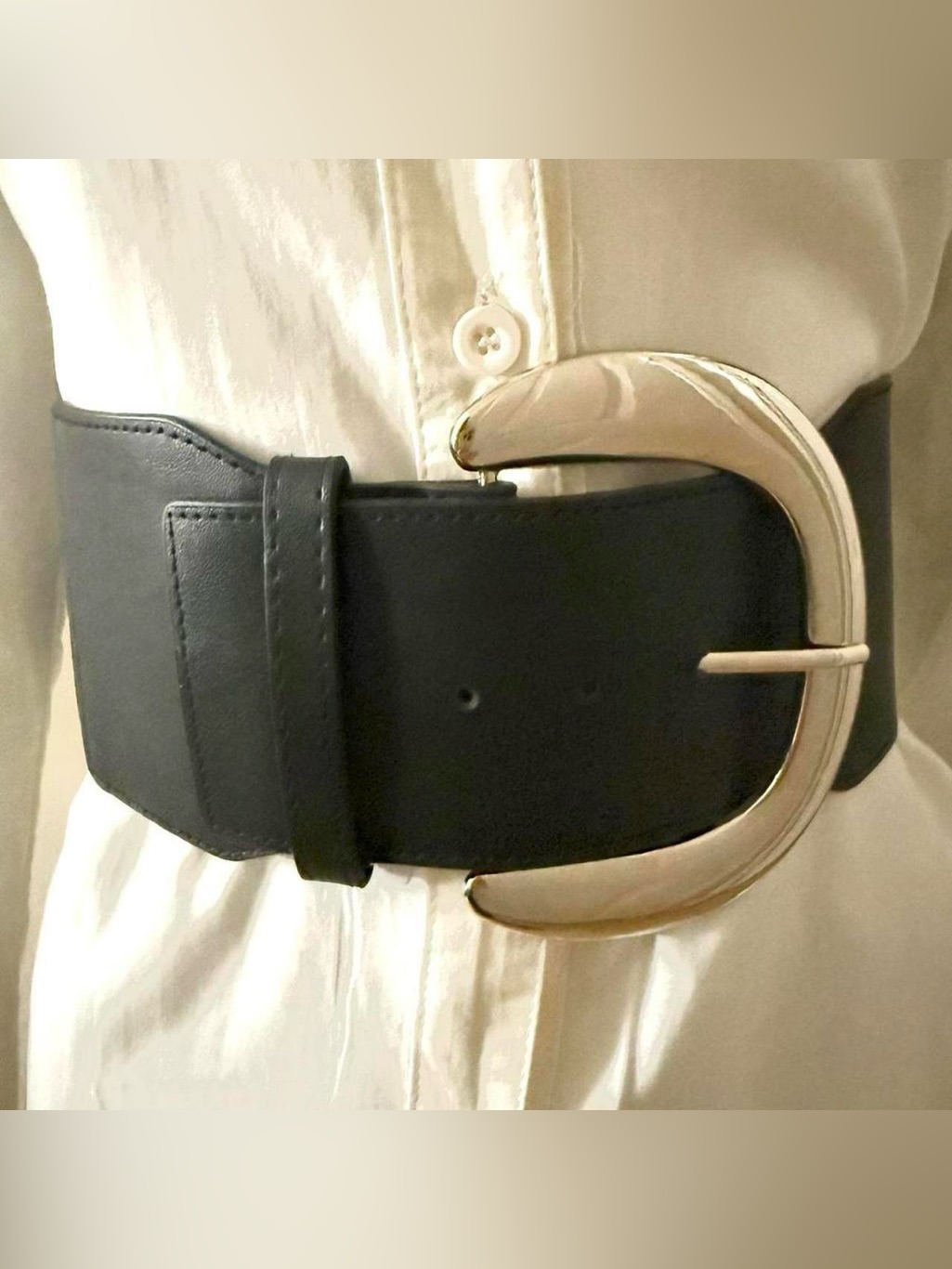 Black Pu Leather Silver Tone Chunky Buckle Wide Elastic Waistband Belt